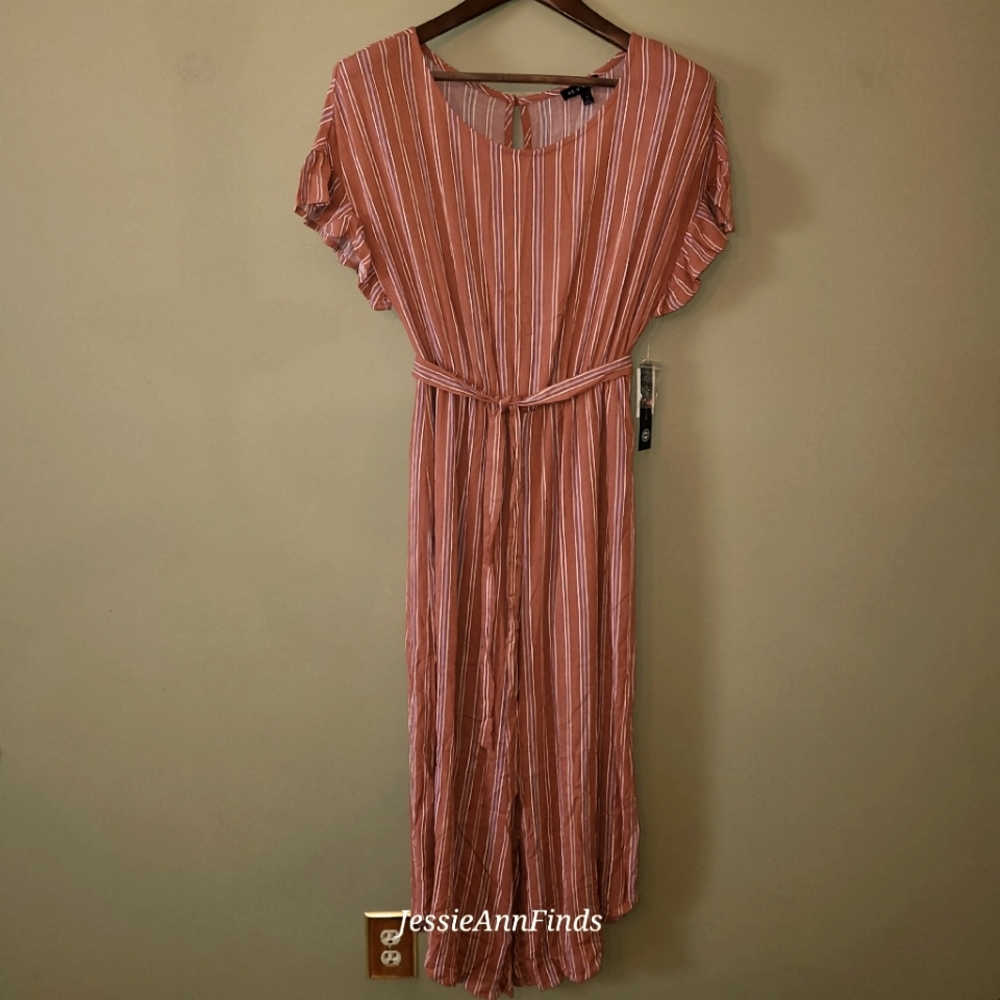 NWT As U Wish Brown Gray White Stripe Ruffle Sleeve Belted Jumpsuit Size Medium